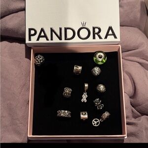 Pandora Charm Set mixed with Silver and gold, rhinestones, clip,and murano glass